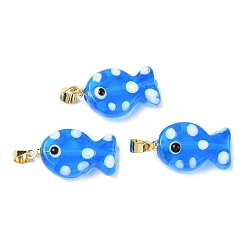 Озёрно--синий Подвески лэмпворк ручной работы, рыба, с латунным, долговечный, стойки покрытие, золотые, Плут синий, 23~24x13~14x7~8.5 мм, отверстие : 4.5x4 мм