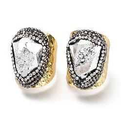 Серебро Натуральные друзы агатовые манжеты, широкая полоса кольца, открытые кольца, с полимерной глины горный хрусталь и золотые металлизированные выводы из латуни, чеканный, граненые, серебряные, размер США 8~8 1/2 (18~18.5 мм)