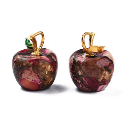 Camellia Synthetic Gold Line Imperial Jasper Pendants, with Light Gold Plated Alloy Enamel Loops, Dyed & Heated, Apple, Camellia, 18.5x13.5mm, Hole: 2x4mm