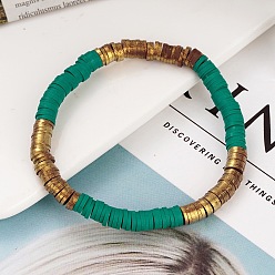 Teal Handmade Polymer Clay Heishi Beaded Stretch Bracelets with CCB for Women, Golden, Teal, 7.09 inch(18cm)