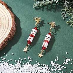Снеговик Серьги-гвоздики с подвесками из латуни с прозрачным кубическим цирконием на рождественскую тематику, со стеклянными бисеринами, золотые, снеговик, 63~64x11 мм