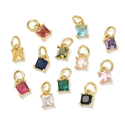 Color mezclado Micro latón allanan colgantes cúbicos del zirconia, encantos cuadrados, real 18 k chapado en oro, color mezclado, 6.5x5x3 mm, agujero: 3 mm