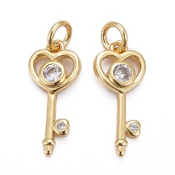 Golden Brass Micro Pave Cubic Zirconia Pendants, Long-Lasting Plated, Heart Key, Golden, 18x8x2.5mm, Jump Ring: 5x0.9mm, Inner Diameter: 3mm