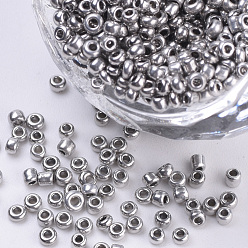 Plata Granos de la semilla de cristal plated, rondo, plata, 2~2.3x1.5 mm, agujero: 0.8 mm, alrededor de 30000 piezas / bolsa, aproximadamente 450 g / bolsa