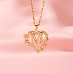 Letter M Латунные кристаллы горный хрусталь полые розы сердце с подвеской в виде буквы для женщин, с розовым эмали, золотые, Буква М, 19.69 дюйм (50 см)