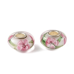 White Lampwork & Brass Core European Beads, Large Hole Beads, Rondelle with Flower, White, 15x7.5mm, Hole: 4mm