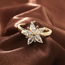 Настоящее золото 18K Кольца на палец из латуни с микро-паве и кубическим цирконием для женщин, без кадмия и без свинца, долговечный, цветок, реальный 18 k позолоченный, 13.5 мм, внутренний диаметр: 18 мм