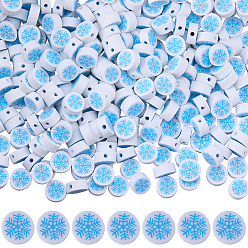Синий 300 бусины из полимерной глины ручной работы., плоские круглые с снежинки шаблон, синие, 9x4 мм, отверстие : 1.8 мм
