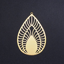 Золотой 201 стали большой подвески из нержавеющей филигранные, , слеза, золотые, 52x35x1 мм, отверстие : 1.6 мм