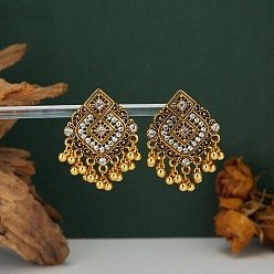 Golden Alloy Crystal Rhinestone Rhombus Chandelier Earrings for Women, Stud Earrings, Golden, 45x30mm