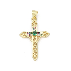 Cross Латунные микро проложить кубического циркония подвески, без свинца и без кадмия, долговечный, стойки покрытие, реальный 18 k позолоченный, крестик, 32.5x21x4 мм, отверстие : 3.5x5 мм