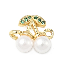 Зеленый Подвески-коннекторы из латуни с микропаве из кубического циркония и АБС-пластика с имитацией жемчужно-белой вишни, реальный 18 k позолоченный, стойки покрытие, долговечный, без кадмия и без свинца, зелёные, 11.5x14x5 мм, отверстие : 1.4 мм