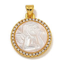 Angel & Fairy Покрытие стойки латунь микро паве прозрачный кубический цирконий плоские круглые подвески, резные подвески из натуральных белых ракушек, золотые, ангел и фея, 22.5x19x3.5 мм, отверстие : 5 мм