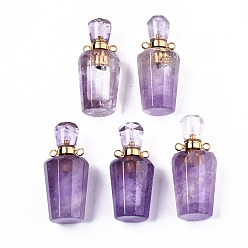 Аметист Граненые подвески из натурального аметиста, открываемый флакон духов, с фурнитурой латунной золотого тона, бутылка, 36x15.5x15 мм, отверстие : 1.8 мм, емкость бутылки: 1 мл (0.034 жидких унций)