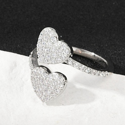 Платина Манжеты из латуни с микро паве кубический цирконий для женщин, сердце, стойки покрытие, без кадмия и без свинца, долговечный, платина, размер США 9 3/4 (19.5 мм)