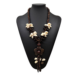 Цветок Ожерелье в стиле бохо из кокосового волокна, дерева и натуральных ракушек, выполненное вручную в этническом стиле, с длинными кисточками и бусинами, идеально подходит для пляжного отдыха., кокосового коричневый, цветок, 28.35 дюйм (72 см)