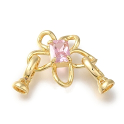 Real 18K Gold Plated Brass Fold Over Clasps, Micro Pave Pink Cubic Zirconia, Cadmium Free & Nickel Free & Lead Free, Flower, Real 18K Gold Plated, 40mm