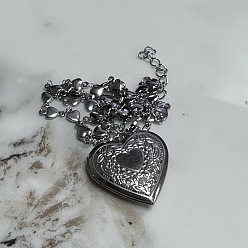 Нержавеющая Сталь Цвет 201 ожерелья из нержавеющей стали с тисненым цветком и сердцем в виде медальона, цвет нержавеющей стали, 17.72 дюйм (45 см)