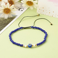 Синий Регулируемые нейлоновые нити плетеные браслеты из бисера, граненый бусины, круглая бусина лэмпворк сглаз ручной работы, синие, внутренний диаметр: 2-1/2 дюйм (6.4~11.7 см)