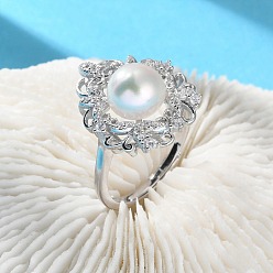 Платинированный Регулируемые кольца из стерлингового серебра с родиевым покрытием для женщин 925, с микропаве из кубических цирконий и круглой натуральной жемчужиной, Реальная платина, 20.5x17 мм, размер США 7 3/4 (17.9 мм)