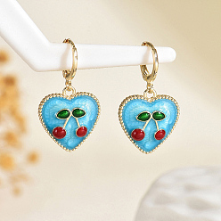 Синий Серьги-кольца из латуни с сердцем и вишней, реальный 18 k позолоченный, синие, 30x18 мм