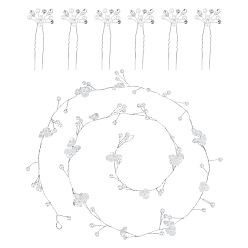 Платина 1 шт. свадебная повязка на голову с жемчугом и цветами для невесты, железная проволока для женщин и девочек, с 1PC свадебными вилками для волос со стразами и жемчугом, платина, 1000x27x7 мм