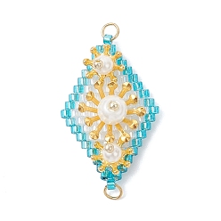 Темно-Голубой Подвески-соединители в виде цветочных ромбов из искусственного жемчуга и стеклянных бусин, золотые, глубокое синее небо, 36x20x9 мм, Перейти кольцо: 4x0.6 мм, 2.1 мм внутренним диаметром