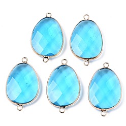 Deep Sky Blue Glass Links Connectors, with Golden Plated Brass Edge and Loop, Faceted, Oval, Deep Sky Blue, 38~39x23x7mm, Hole: 2.5mm
