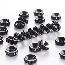 Jet Brass Rhinestone Spacer Beads, Grade A, Rondelle, Gunmetal, Jet, about 9mm in diameter, 4mm thick, hole: 4mm