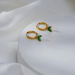 Настоящее золото 18K Серьги-кольца из нержавеющей стали в форме листа, с кубического циркония, реальный 18 k позолоченный, 6x21 мм