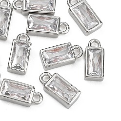 Real Platinum Plated SHEGRACE Brass Clear Cubic Zirconia Charms, Cadmium Free & Nickel Free & Lead Free, Rectangle Charms, Real Platinum Plated, 8x4x2.5mm, Hole: 1mm