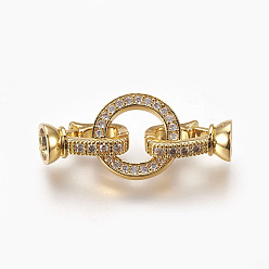 Настоящее золото 18K Латунные микро проложить кубического циркония раз за застежками, плоско-круглые, прозрачные, реальный 18 k позолоченный, 32 mm, внутренняя: 4.5 mm