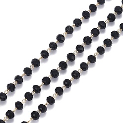 Черный Латунные граненые стеклянные цепочки ручной работы из бисера, с катушкой, пайки, долговечный, реальный 18 k позолоченный, рондель, чёрные, 3.5x2.5 мм, около 16.4 футов (5 м) / рулон