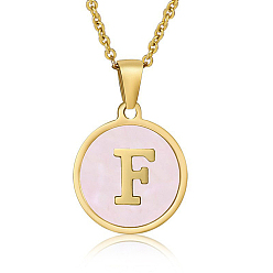 Letter F Natural Shell Initial Letter Pendant Necklace, with Golden Stainless Steel Cable Chains, Letter F, 17.72 inch(45cm)