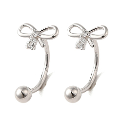 Platinum Rhodium Plated Sterling Silver Rhinestone Stud Earrings, Bowknot, with S925 Stamp, Platinum, 14x8mm