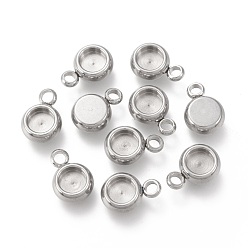 Stainless Steel Color 304 Stainless Steel Pendant Cabochon Settings, Flat Round, Stainless Steel Color, Tray: 4mm, 9x6x3mm, Hole: 1.6mm
