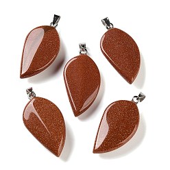 Goldsand Colgantes sintéticos goldstone, con 304 presas de acero inoxidable a presión, encanto de la hoja, 44~45x22~23x7~9 mm, agujero: 7x4 mm