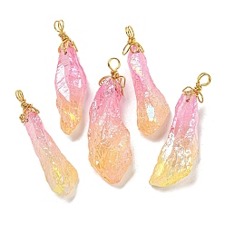 Золотистый Гальванические большие подвески из необработанного натурального кварца с кристаллами, Подвески-самородки с петлями из медной проволоки, золотые, золотые, 40~48x13~23x10~20 мм, отверстие : 4.5~5 мм