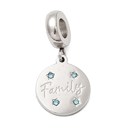 Нержавеющая Сталь Цвет 304 европейские подвески со стразами и сапфирами из нержавеющей стали, семейные плоские круглые подвески с большим отверстием, цвет нержавеющей стали, 25 мм, отверстие : 4.5 мм, Кулон : 15x12.5x1.5 мм