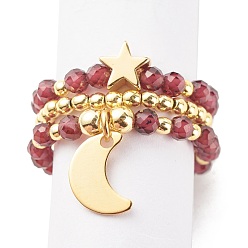 Гранат 3Штук 3 набор эластичных колец с натуральным гранатом и синтетическим гематитом, кольцо из драгоценных камней с луной и латунной звездой для женщин, золотые, размер США 10 1/4 (19.9 мм), 1 шт / стиль