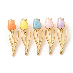 Color mezclado Colgantes de latón con esmalte, encantos de tulipanes, chapado en rack, larga duración plateado, sin plomo y el cadmio, real 18 k chapado en oro, color mezclado, 24x6.5x7 mm, agujero: 5x2 mm