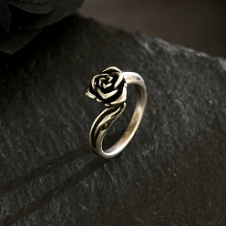 Античное Серебро Латунные кольца на палец для женщин, цветок, античное серебро, 9x9 мм, размер США 8 (18.1 мм)