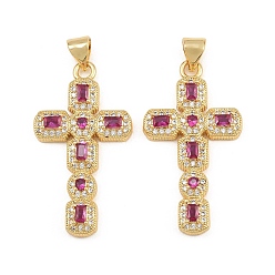 Rose Foncé Micro cuivres ouvrent pendentifs zircone cubique, breloques en forme de croix octogonale, sans cadmium et sans plomb, or, rose foncé, 32x17.5x4mm, Trou: 5x3mm