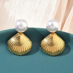 Настоящее золото 18K Серьги-гвоздики в форме ракушки 304 из нержавеющей стали с акриловым искусственным жемчугом, ионное покрытие (ip), долговечный, реальный 18 k позолоченный, 26x18 мм