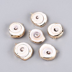 Морская Ракушка Подвески из натуральных ракушек с гальваническим покрытием, подвески в форме ракушек, с латунными петлями, золотые, цвет морской раковины, 29~32x23~28x8.5~9.5 мм, отверстие : 1.4~1.6 мм