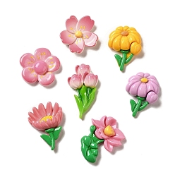 Couleur Mélangete Cabochons décodés en résine opaque, fleur, couleur mixte, 25~37.5x20~27.5x5.5~8.5mm