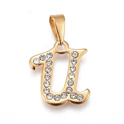 Letter U 304 Stainless Steel Pendants, with Rhinestone, Letter, Letter.U, 20x17x2mm, Hole: 3~3.5x7.5~8mm