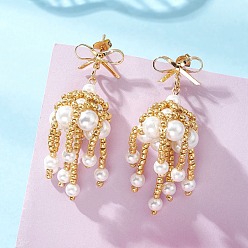 Белый 3 пары серег-гвоздиков из стеклянных бусин ручной работы, бантом, с фурнитурой для сережек из латуни и нержавеющей стали, золотые, белые, 304 мм