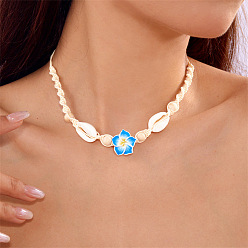 Темно-Голубой Регулируемое летнее пляжное ожерелье-чокер из натуральных ракушек каури, деревянных круглых бусин, полимерной глины и цветов, скрученное и плетеное, из вощеного шнура, для женщин., глубокое синее небо, 14.17~26.77 дюйм (36~68 см)