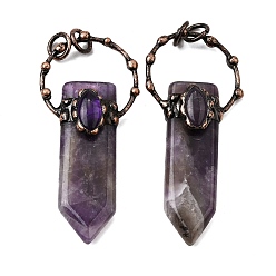 Аметист Большие подвески в форме меча из натурального аметиста, с медными кольцами, Красная медь, 66~73x30~31x11.5~12 мм, отверстие : 6 мм